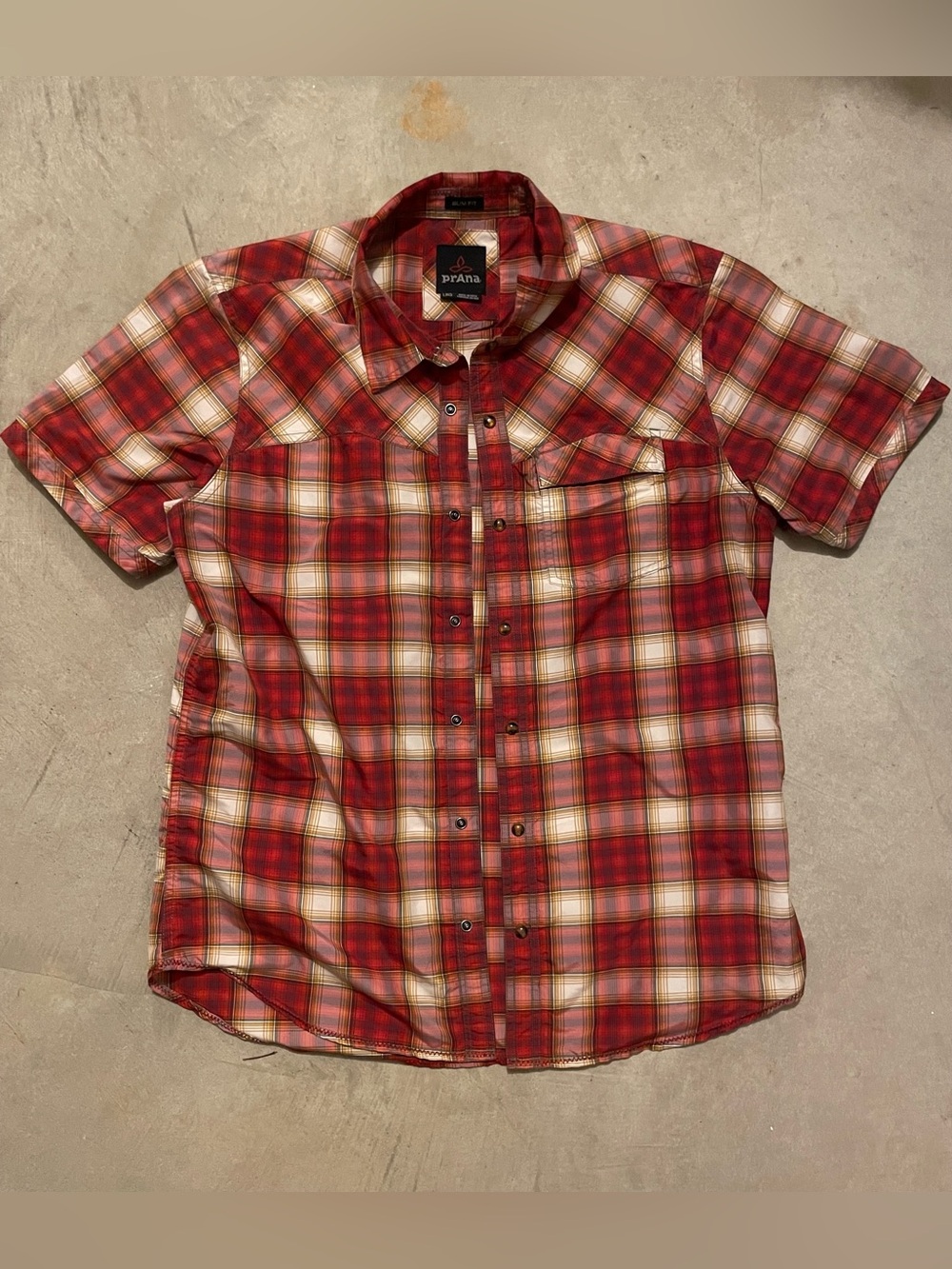 prAna Plaid Short Sleeve Shirt Red & White Large Snap Button down Mens